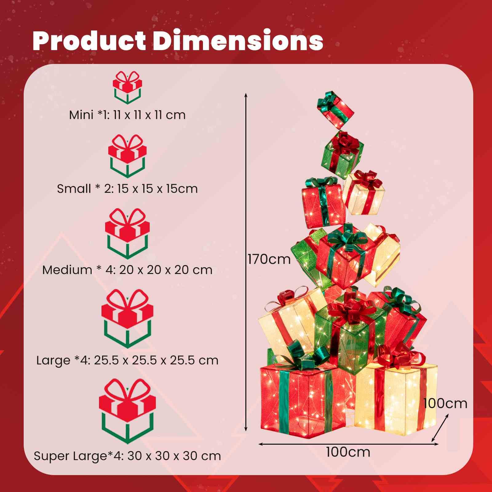 15 Pieces Staked Lighted Christmas Boxes with 450 Light Bulbs