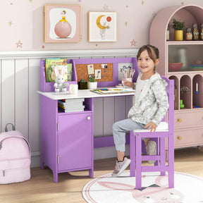 Wooden Kids Study Table and Chair Set with Hutch Bookshelf and Cabinet