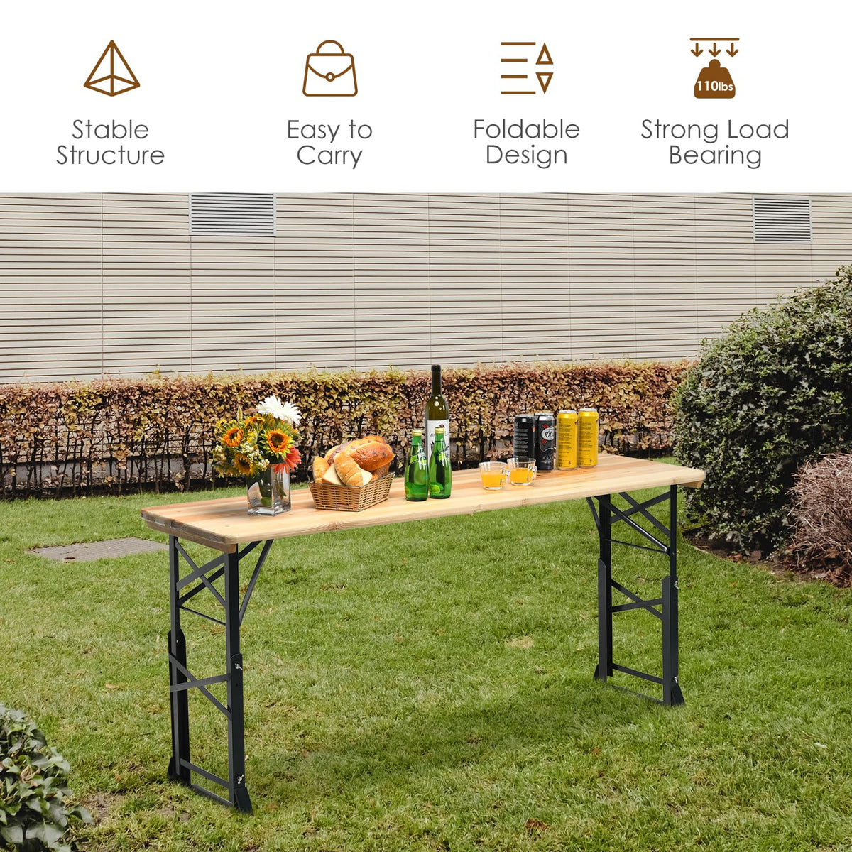 5.5FT Folding Picnic Table, Portable Outdoor Beer Table w/Umbrella Hole & 2 Adjustable Heights