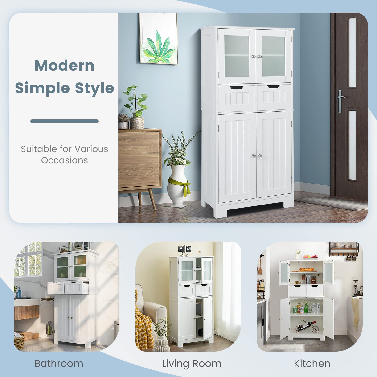 Giantex Floor Storage Cabinet with 4 Doors, Freestanding Bathroom Cabinet with 2 Glass Doors, White