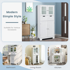Giantex Floor Storage Cabinet with 4 Doors, Freestanding Bathroom Cabinet with 2 Glass Doors, White