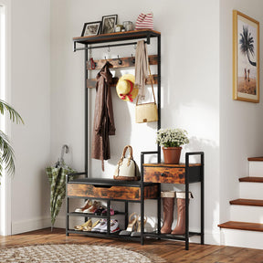 Hall Tree with Shoe Storage Bench, 178 cm Freestanding Coat Rack w/Shoe Rack