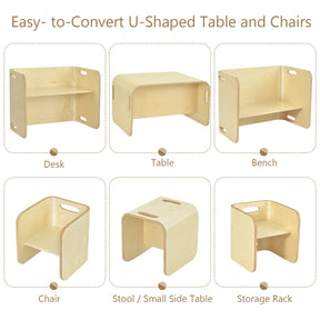 Kids Table and Chair Set, 3 Pieces Wooden Activity Table Bench w/Storage Shelves