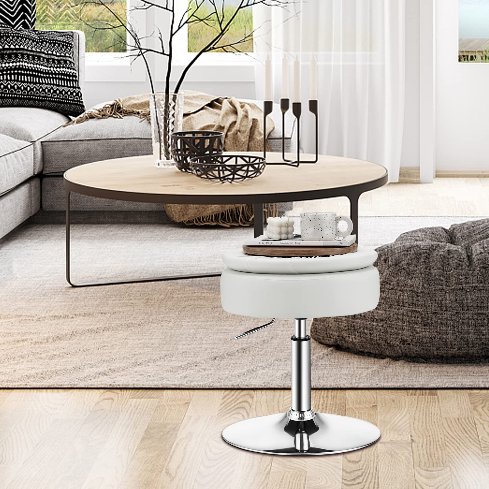 Giantex Vanity Stool with Storage, 360° Swivel PU Leather Vanity Chair, 50-66cm Height Adjustable Makeup Stool