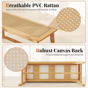 100cm Bamboo Dining Bench with Handwoven Rattan Seat, Wooden Entryway Bench, Farmhouse Kitchen Table Bench