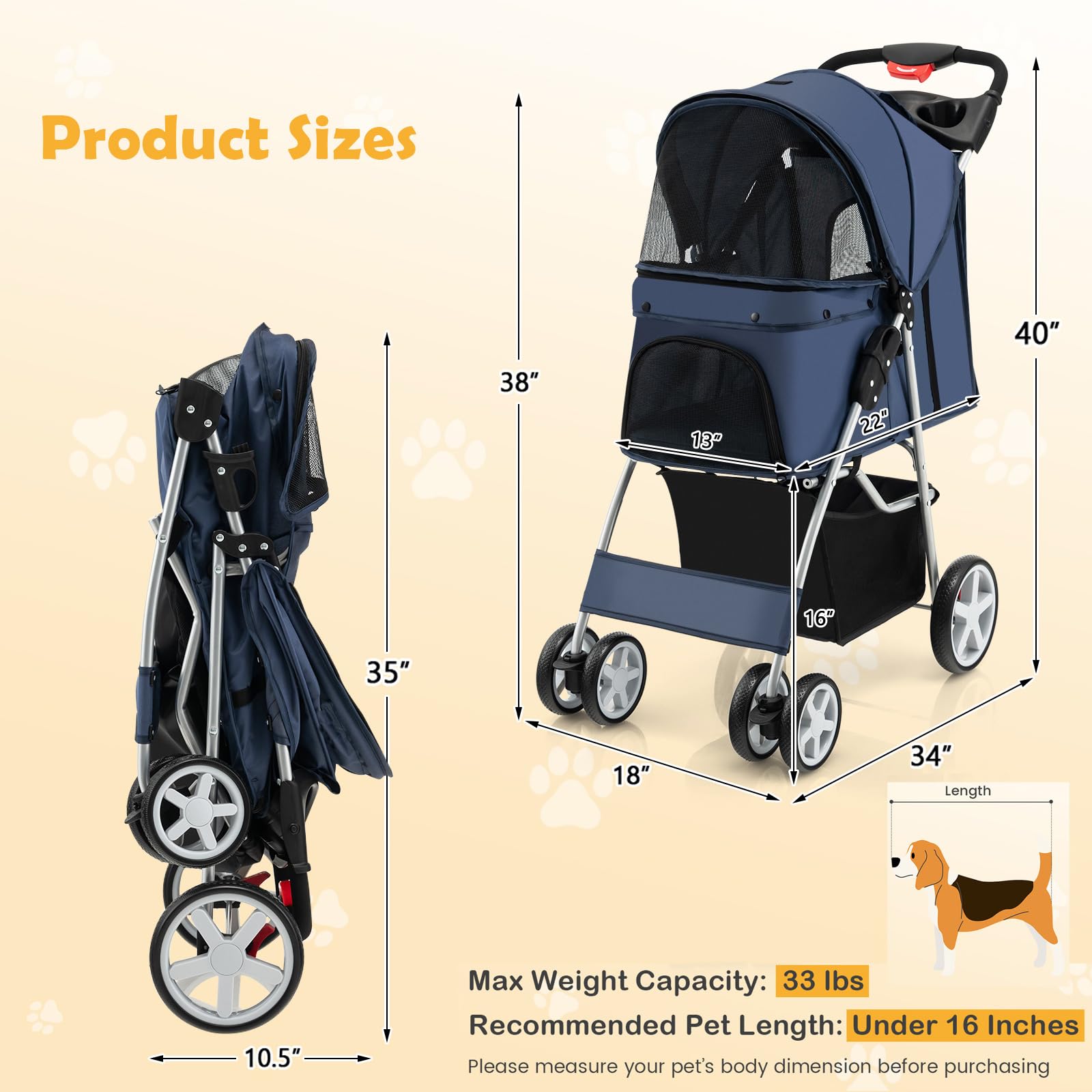 Giantex Folding Dog Stroller for Small Medium Dogs Cats Puppy