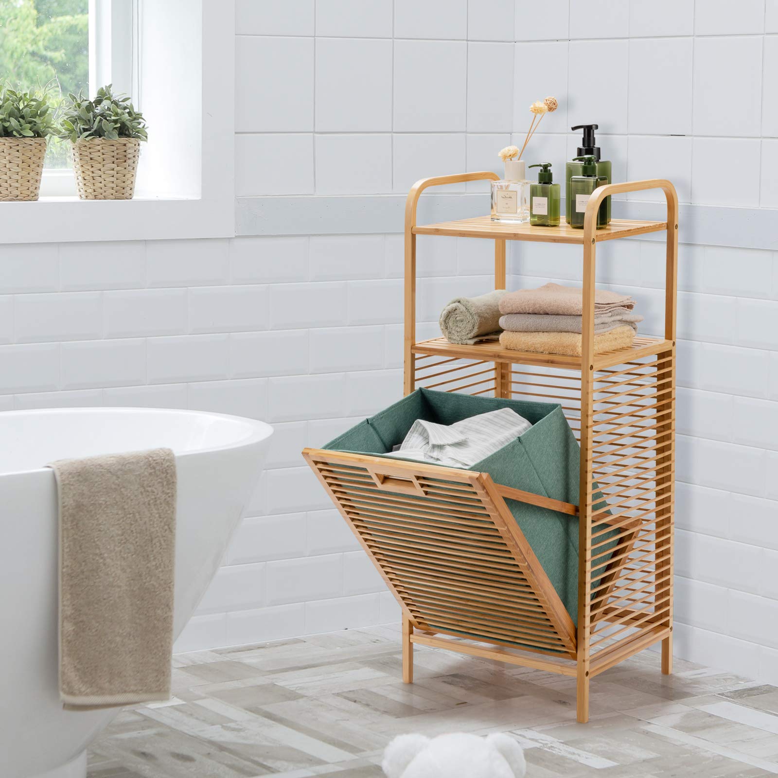 Giantex Tilt-out Laundry Hamper, Bamboo Wood Laundry Shelf Cabinet, Space-saving Laundry Hamper