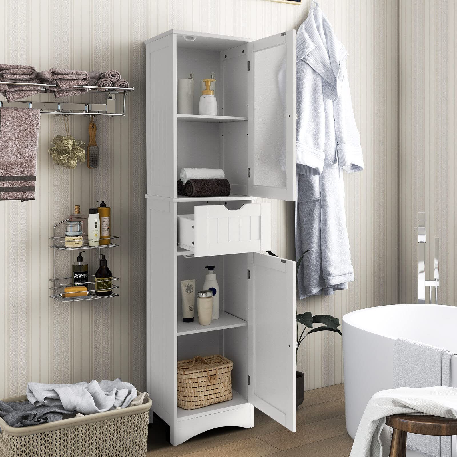 Giantex Freestanding Storage Cabinet, 170 cm Tall Slim Bathroom Cabinet with 2 Adjustable Shelves, 2 Doors and 1 Drawer