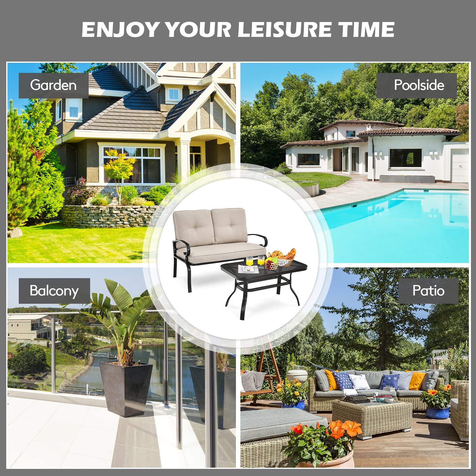 2 Pieces Outdoor Conversation Set with Ergonomic Backrest & Armrest for Balcony & Poolside