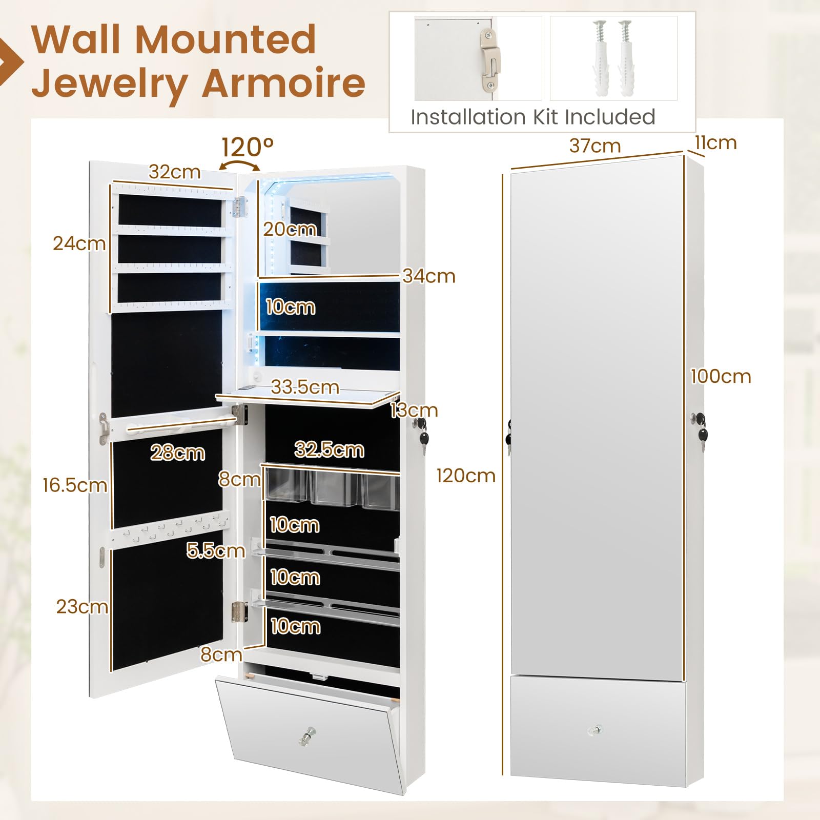 Giantex 120cm LED Jewelry Mirror Cabinet