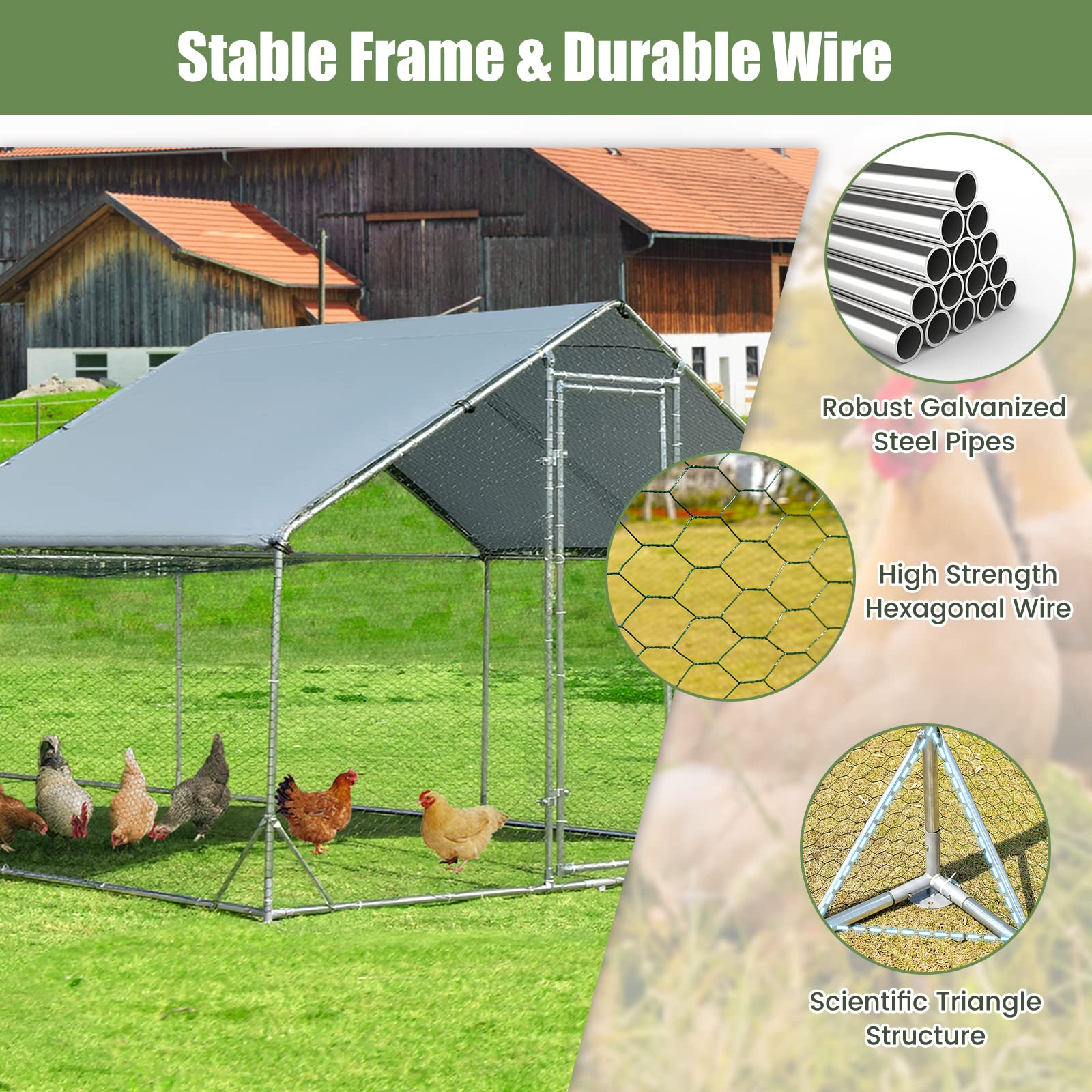 Large Metal Chicken Coop, Walk-in Poultry Cage Hen Rabbit Run House with Waterproof & Sun-Proof Cover
