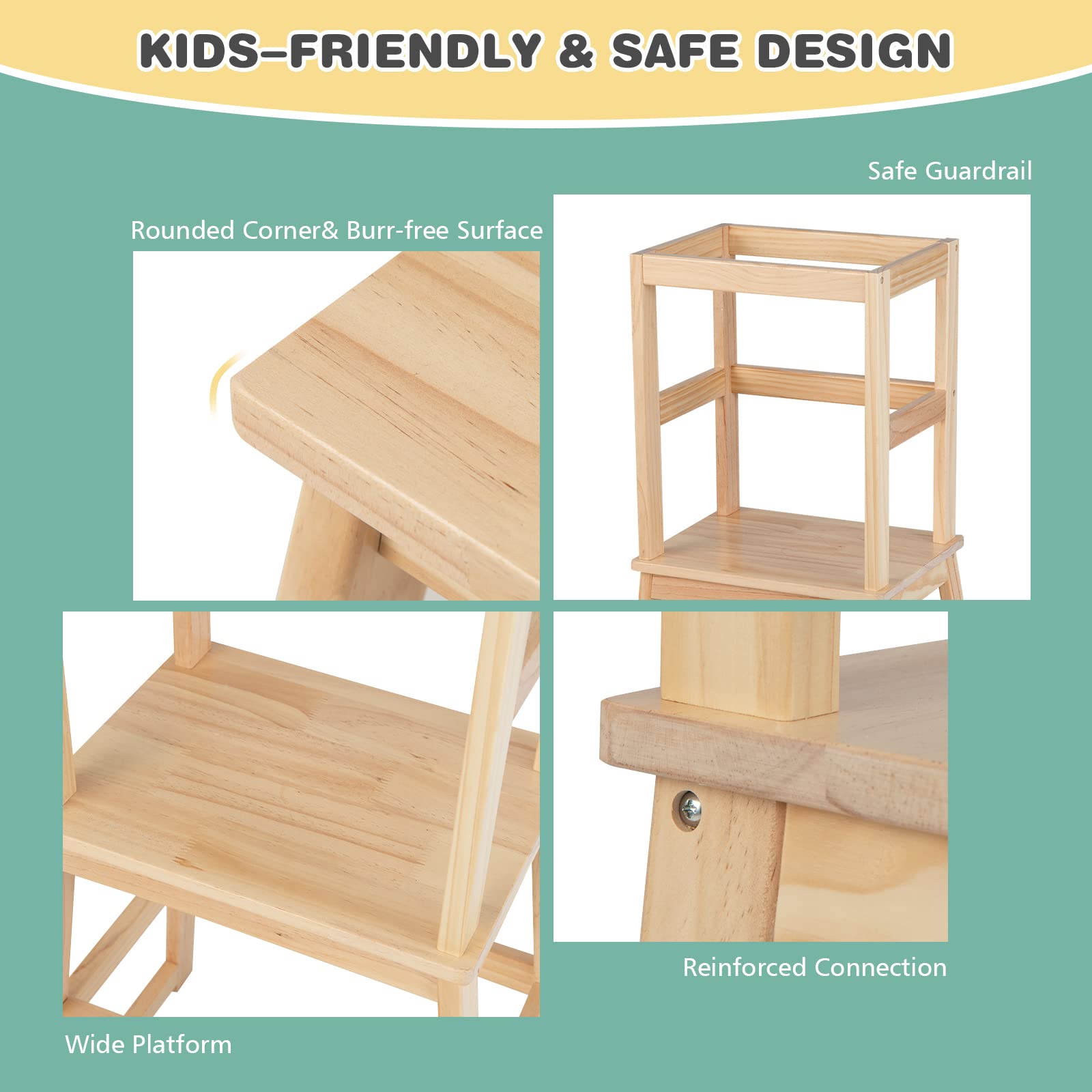 BABY JOY Kids Kitchen Step Stool with Safety Rail, 2 in 1 Solid Wood Montessori Learning Stool