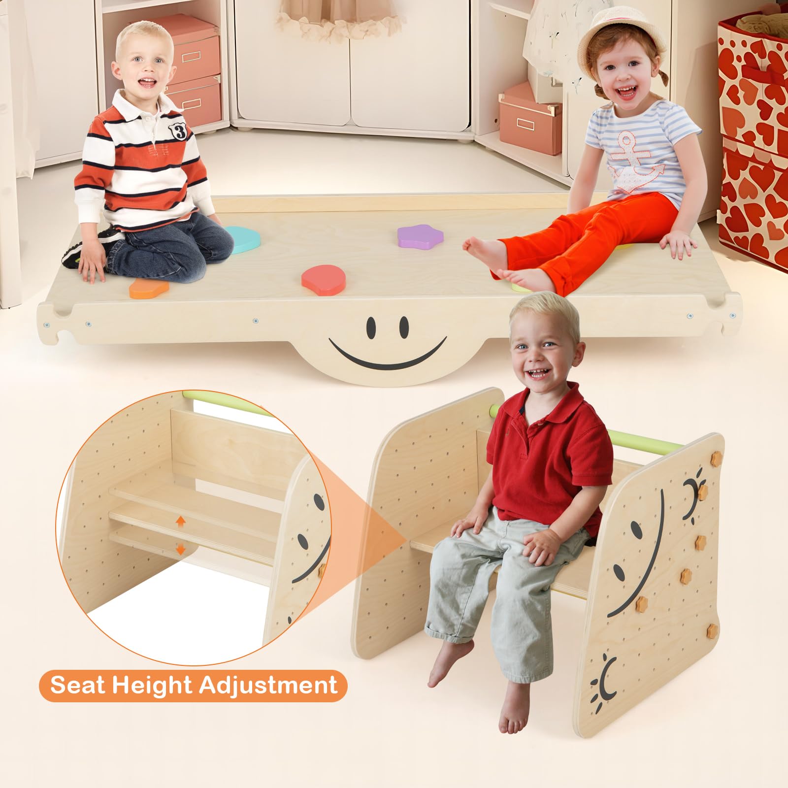 HONEY JOY Kids Wooden Climbing Toy, Triangle Climber Jungle Gym Set w/Seesaw, Dual-Sided Ramp