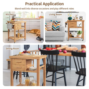 Bamboo Kitchen Island Cart Trolley, 3-Tier Rolling Kitchen Cart w/ 2 Drawers