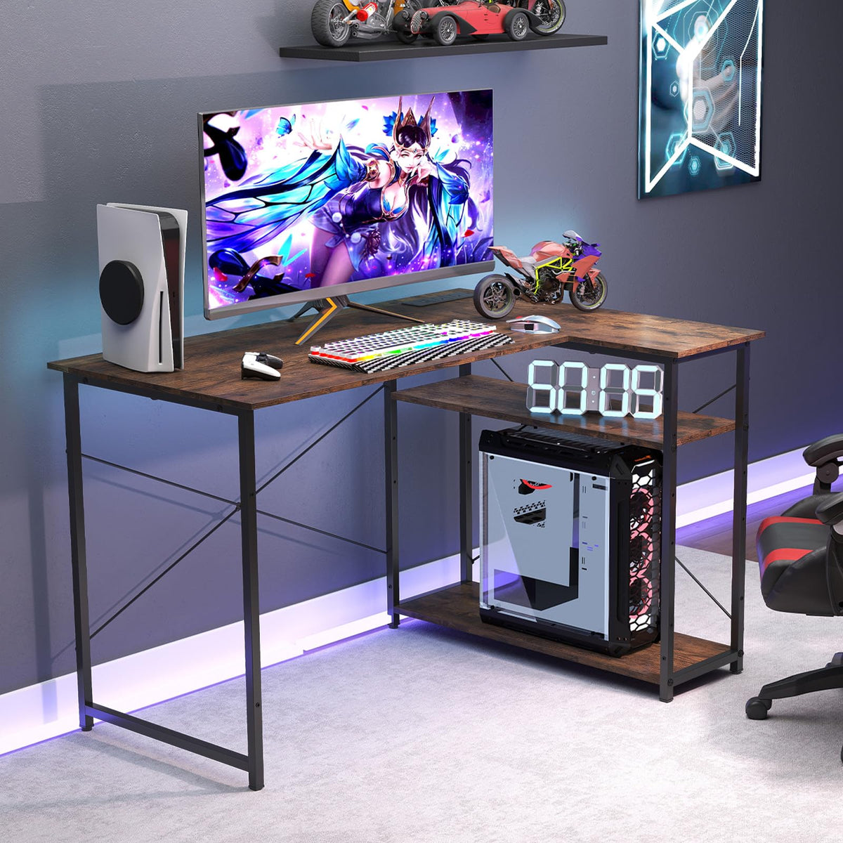 L-Shaped Desk with Power Outlet, Home Office Computer Desk with Reversible Adjustable Storage Shelves