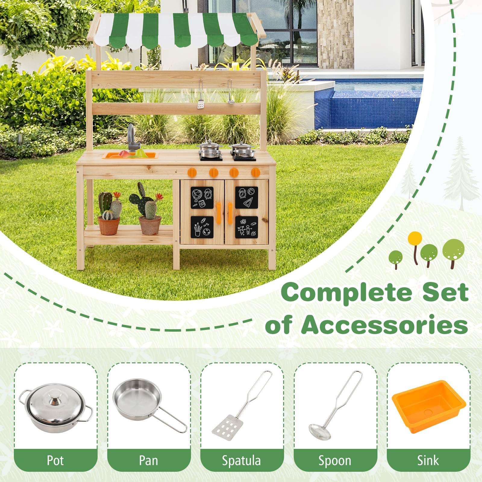 Kids Mud Kitchen with Canopy, Outdoor Wooden Pretend Play Kitchen w/ 4 Stoves, Sink, Faucet, Black Boards & Accessories