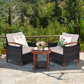 3 Piece Patio Sofa Set, 2 Rattan Chairs w/ 2-Tier Coffee Table