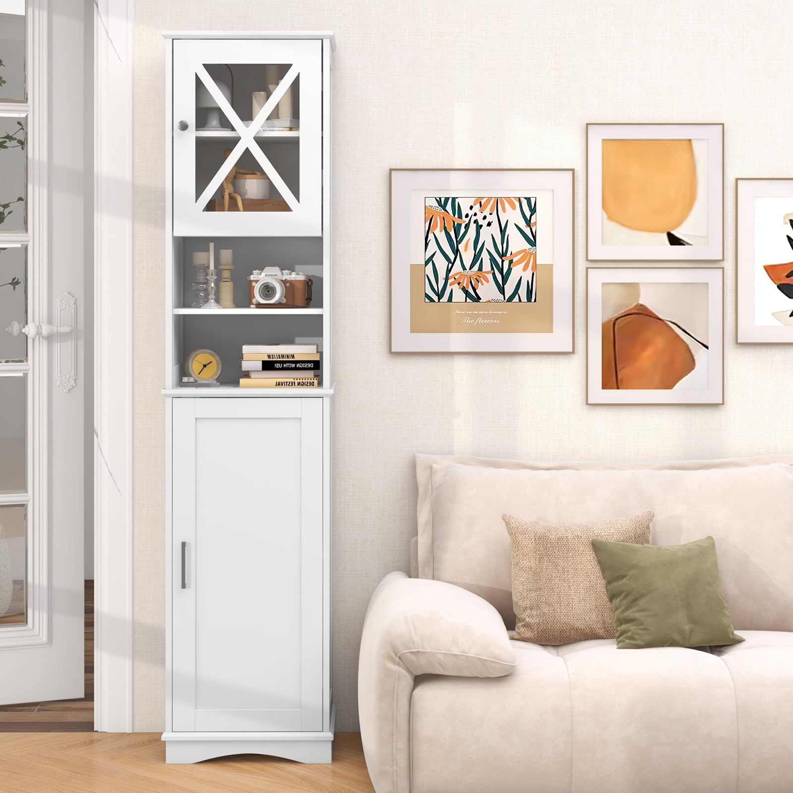 Tall Bathroom Cabinet Freestanding Storage Cupboard Narrow Corner Floor Cabinet