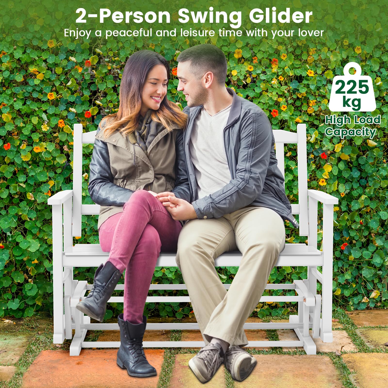 Patio Glider Loveseat Chair Swing Rocking Bench with Slatted Seat and Curved Backrest