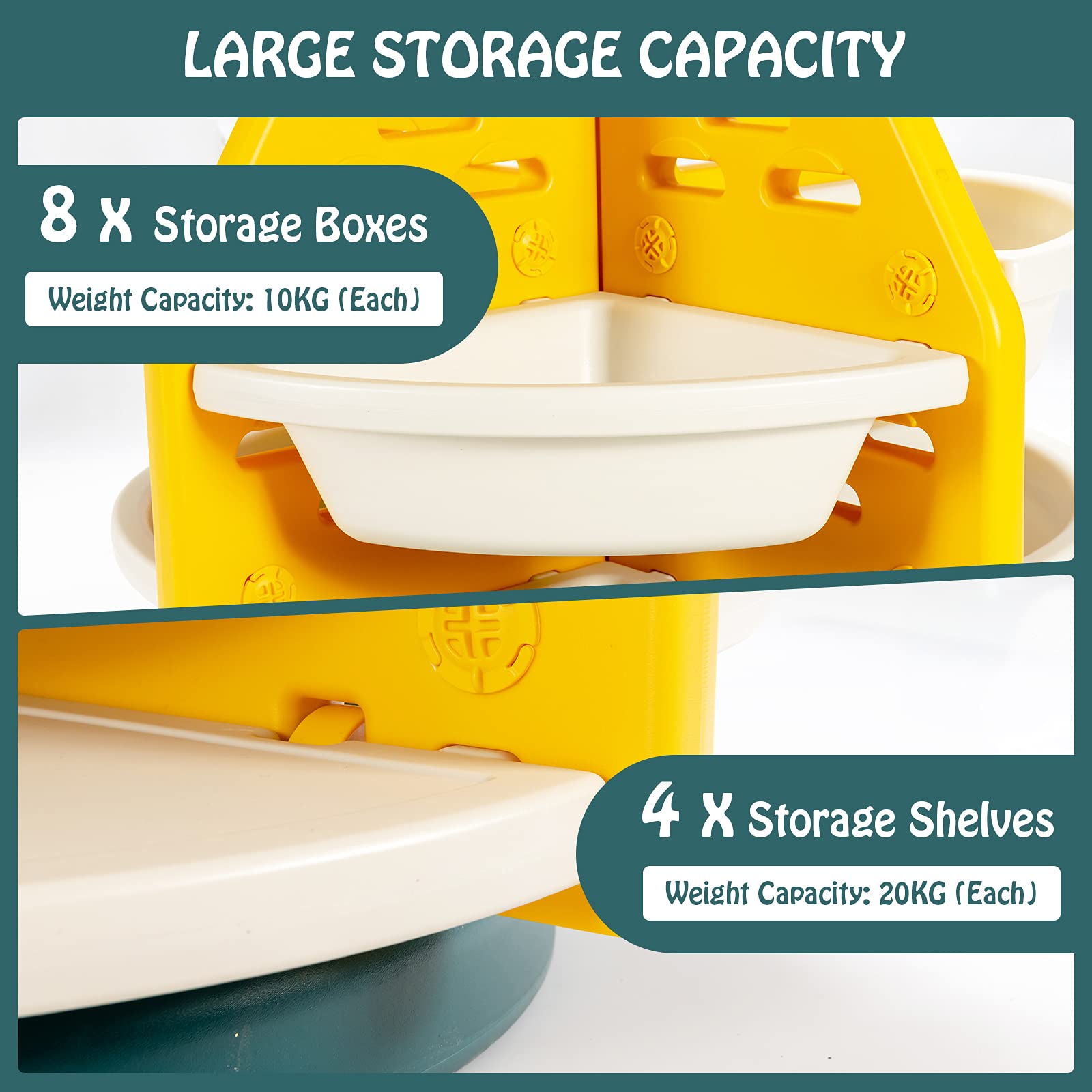 BABY JOY Kids Toy Storage Organiser, 3-Tier 360° Rotating Toy Shelf w/ 8 Bins & 4 Shelves