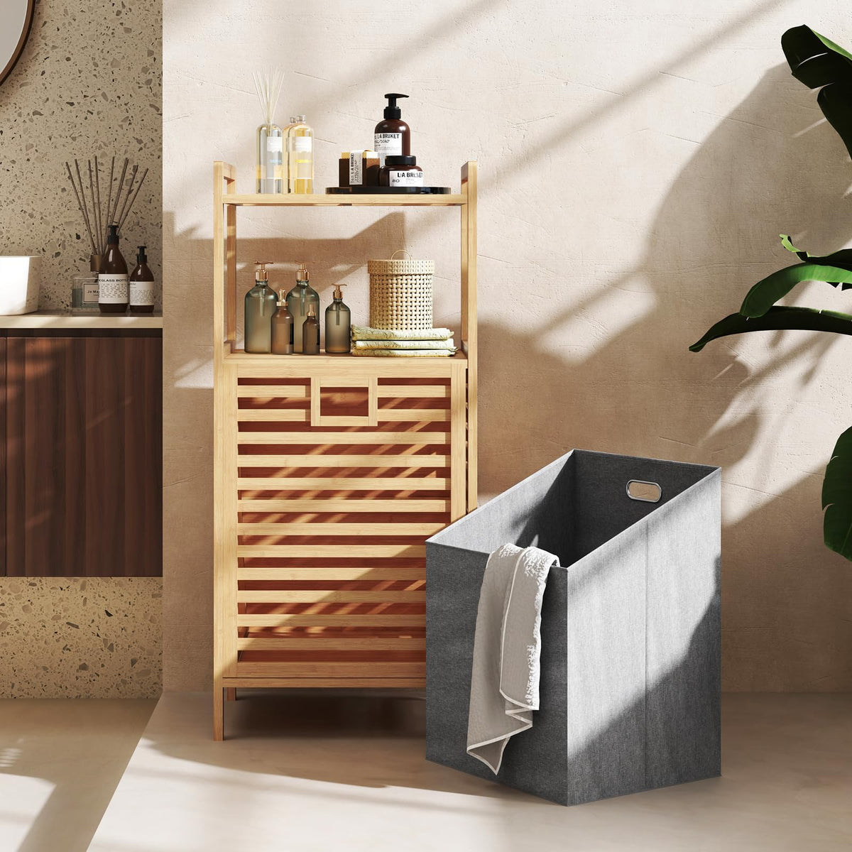 Bathroom Shelf w/Laundry Basket, Bathroom Shelf Made of Bamboo, Bathroom Cabinet w/ 2 Shelves for Bathroom Accessories