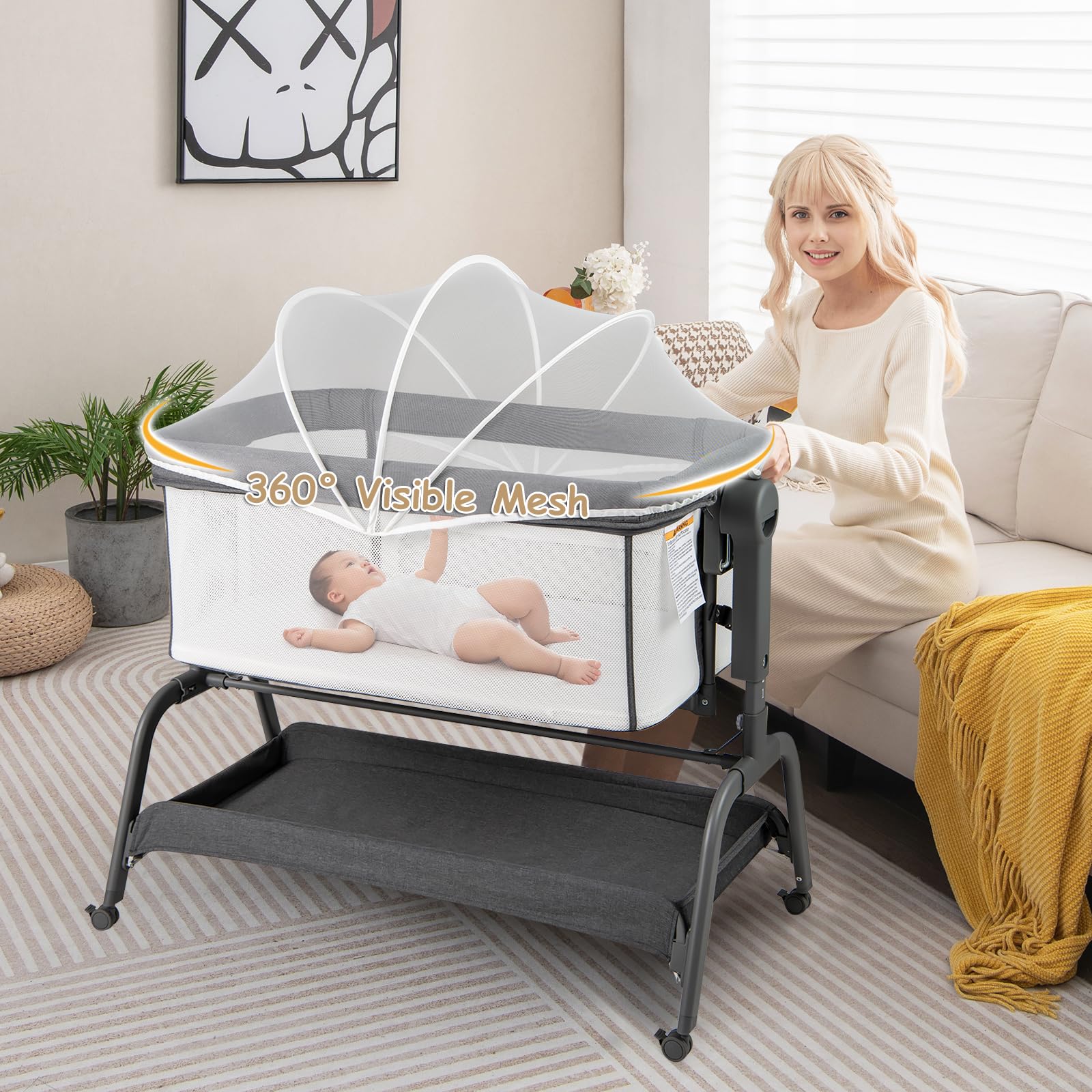 4 in 1 Rocking Baby Bassinet, Newborn Infant Bedside Sleeper w/6 Adjustable Heights
