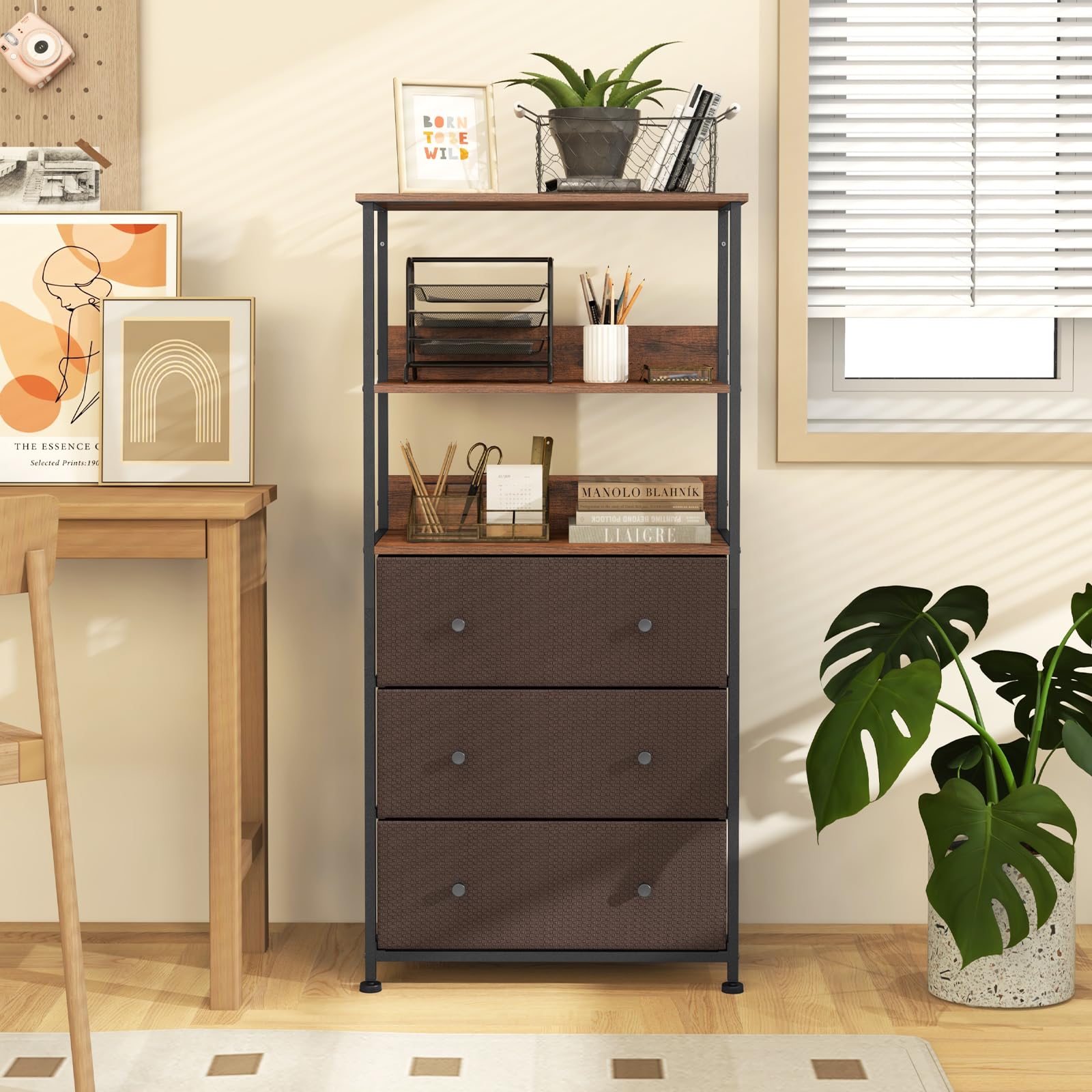 Giantex 3 Drawer Dresser w/Open Shelves, Home Vertical Fabric Storage Unit w/Metal Frame & Removable Fabric Bins
