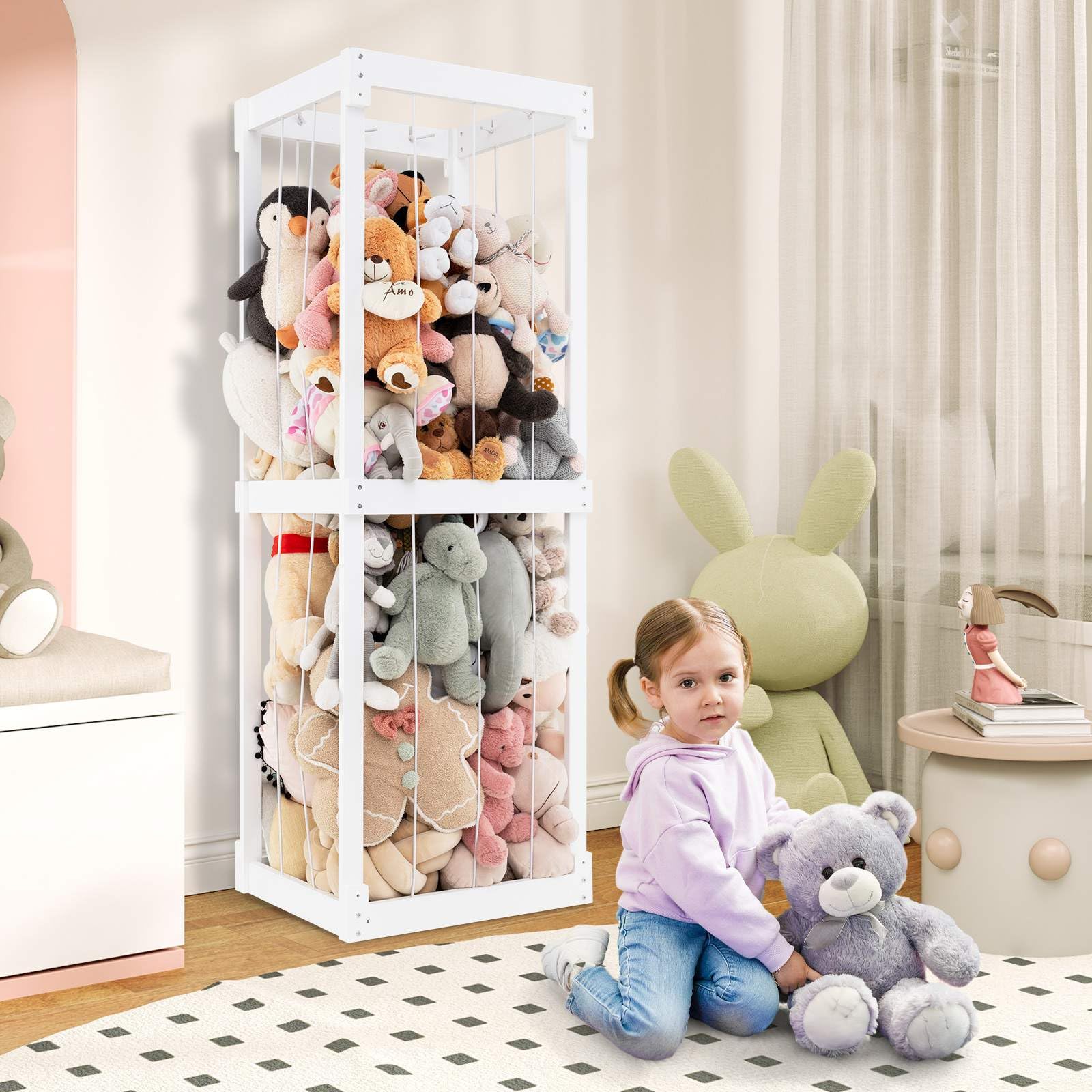 300L Large Stuffed Animal Storage, Space-saving Plush Toy Cage w/Open Top & Elastic Cords