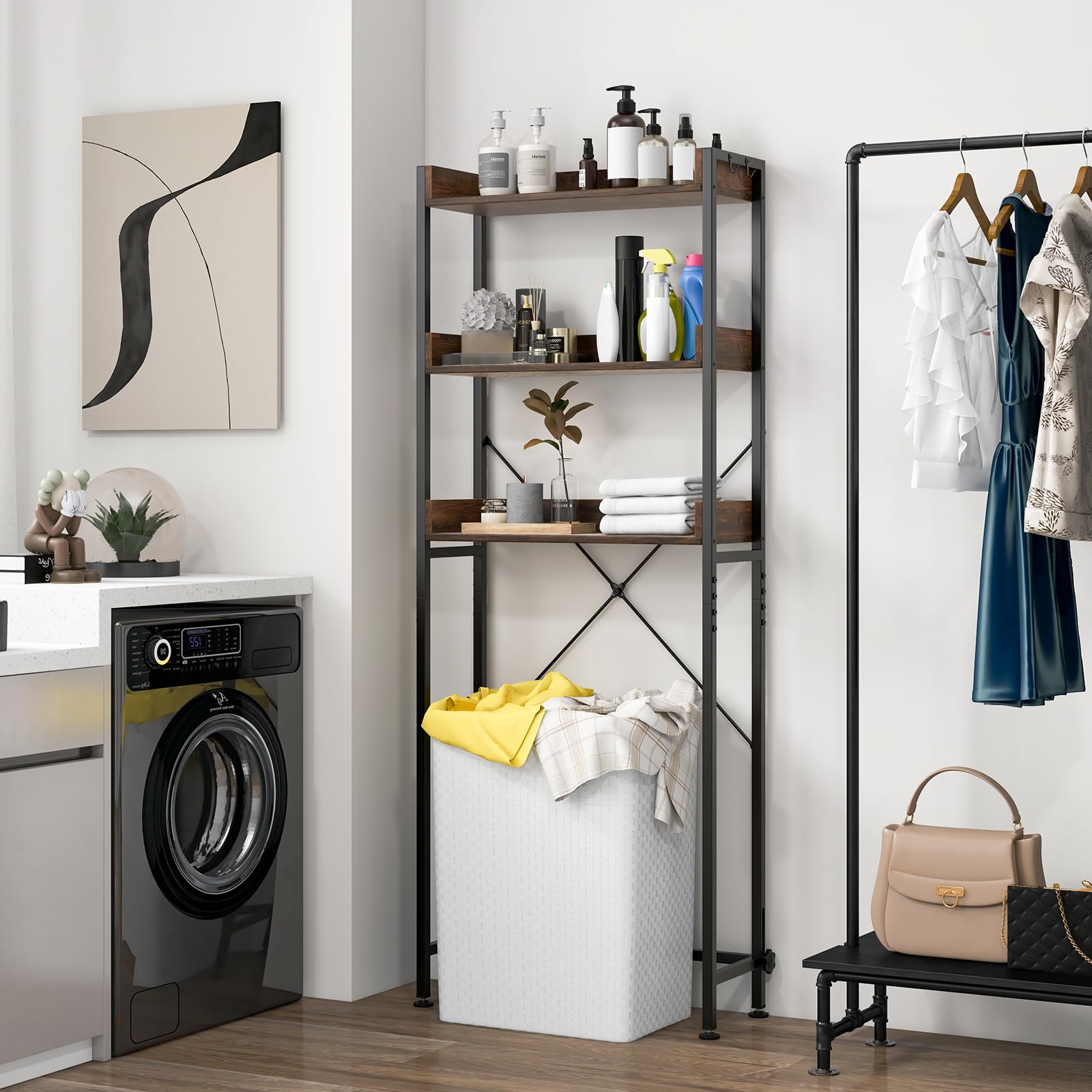 Giantex Over The Toilet Storage Rack 3-Tier Bathroom Space Saver Organizer Shelf w/ 4 Hooks & Adjustable Bottom Bar