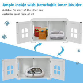Cat Litter Box Enclosure Furniture Hidden, Wooden Washroom Storage Cabinet Bench w/Cross Windows