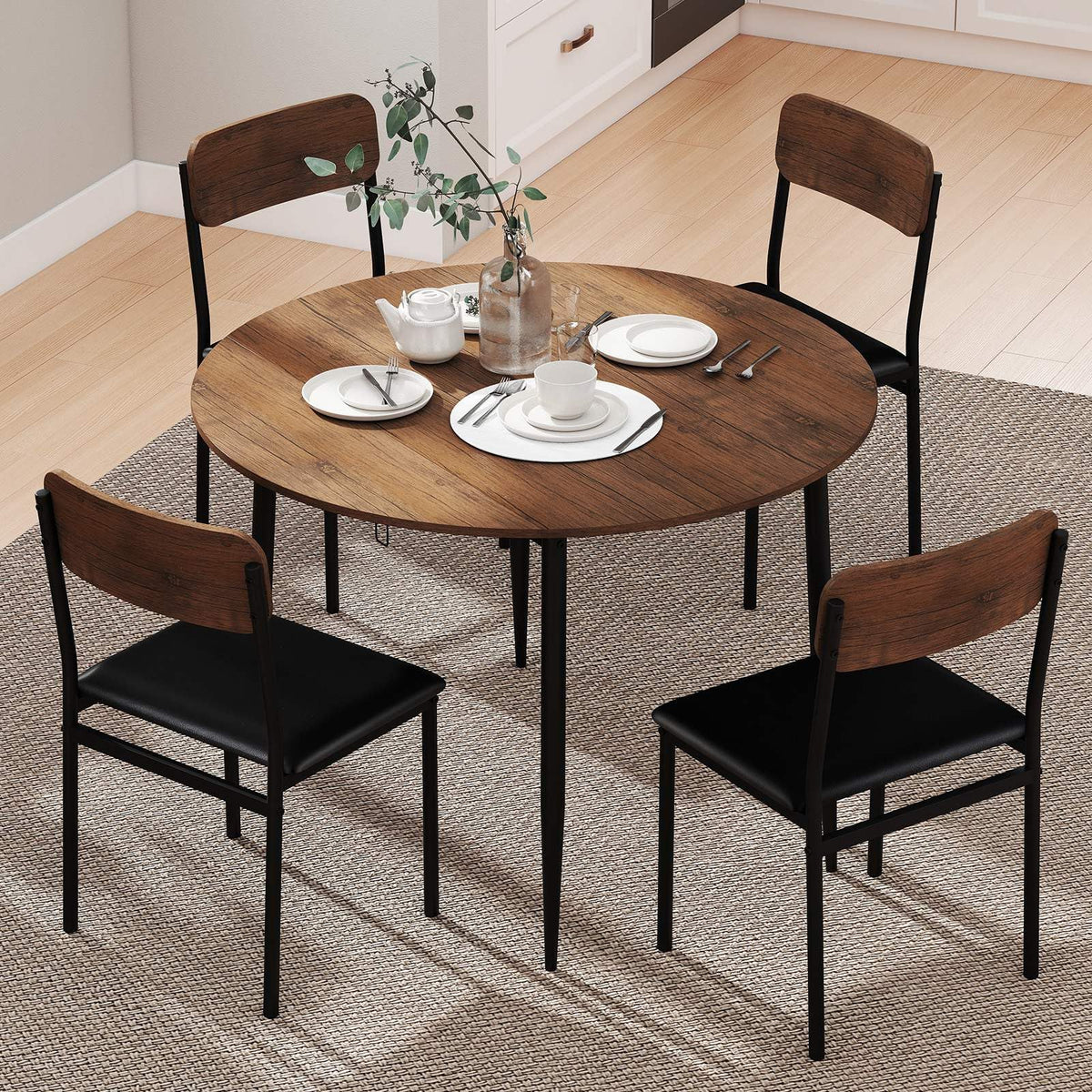 5-Piece Dining Table Set for 4 People, Extendable Round Kitchen Table w/Drop Leaf Tabletop