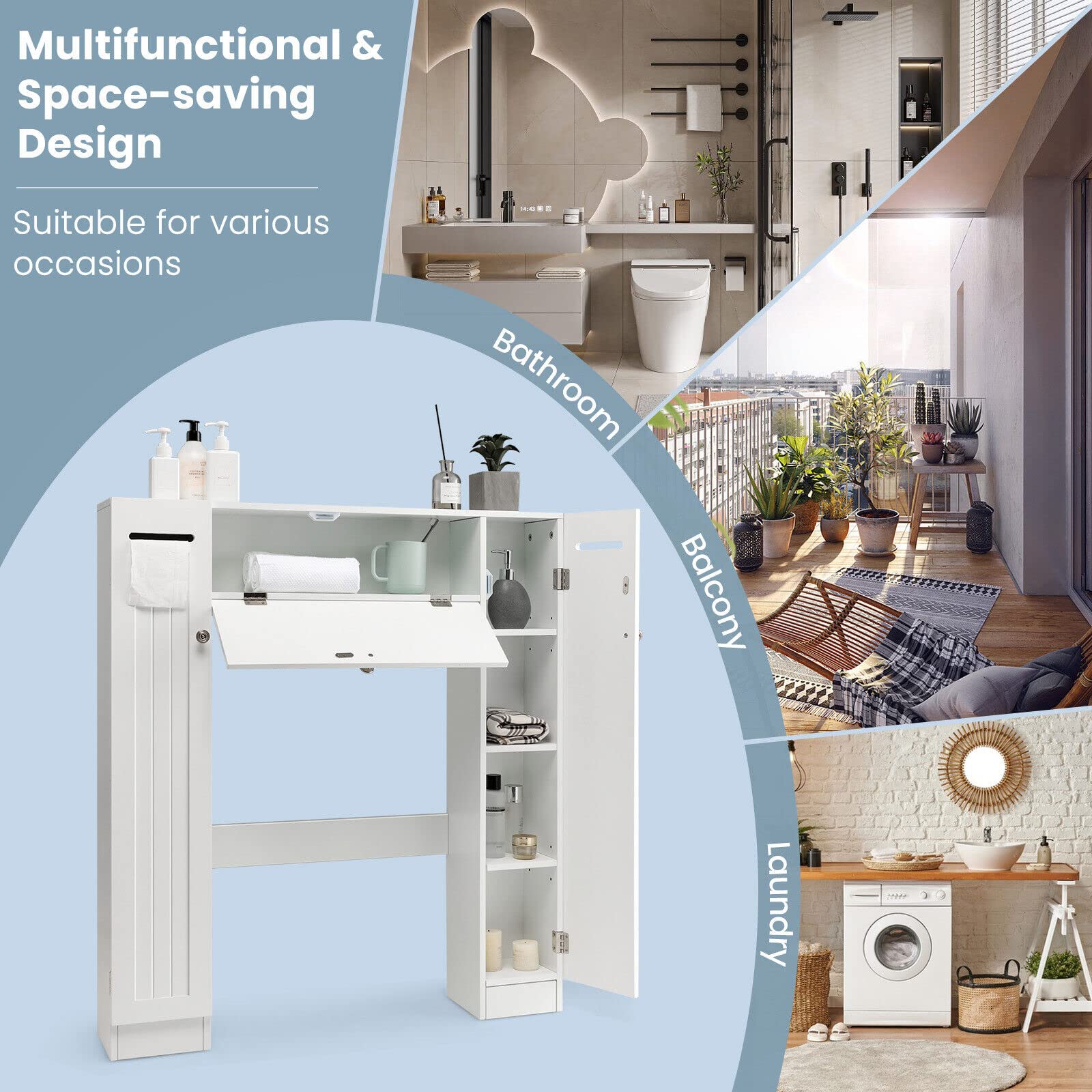 Giantex Over The Toilet Storage Cabinet, Freestanding Toilet Organizer w/Adjustable Shelves & Toilet Paper Holders, White