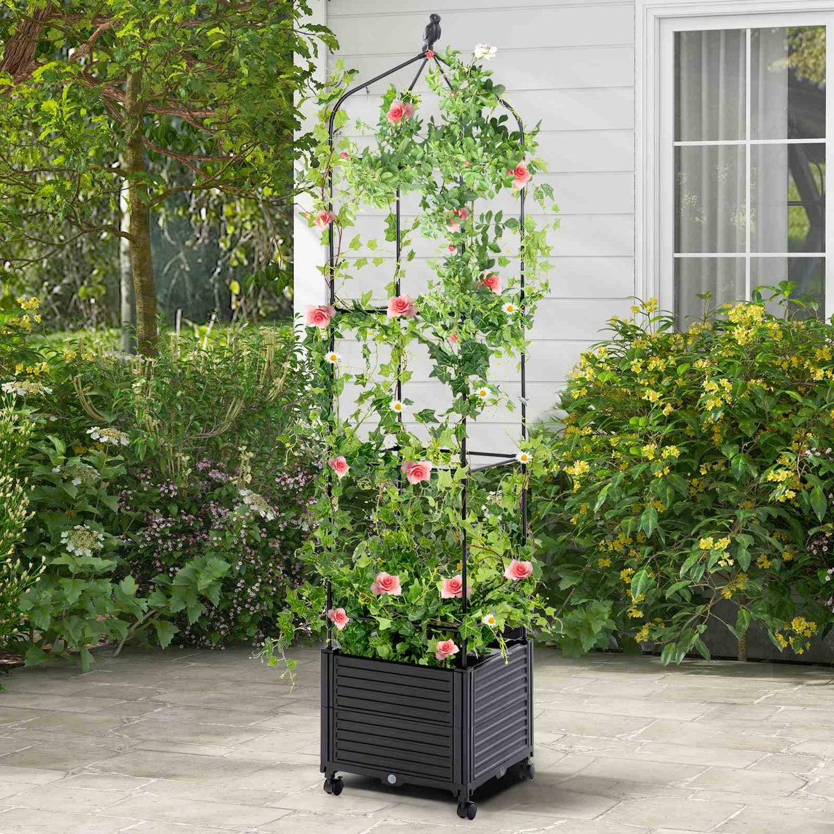 Raised Garden Bed with Trellis, Tomato Cage Planter Box with Self-Drainage & Wheels for Climbing Vines