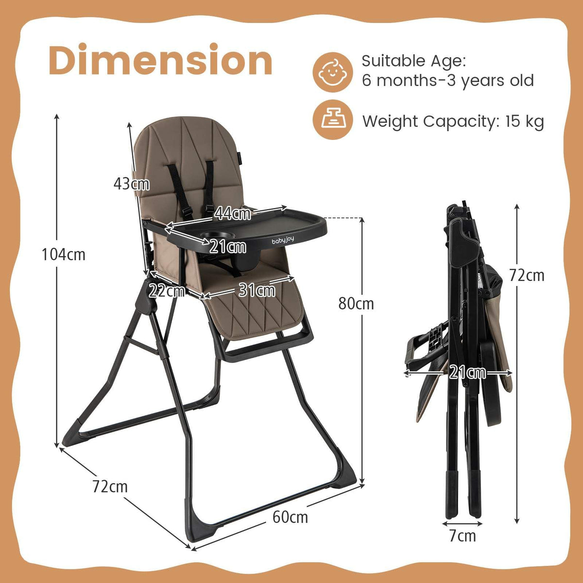Foldable High Chair, Easy Clean Compact Highchair with Removable Adjustable Tray and PU Seat Cushion
