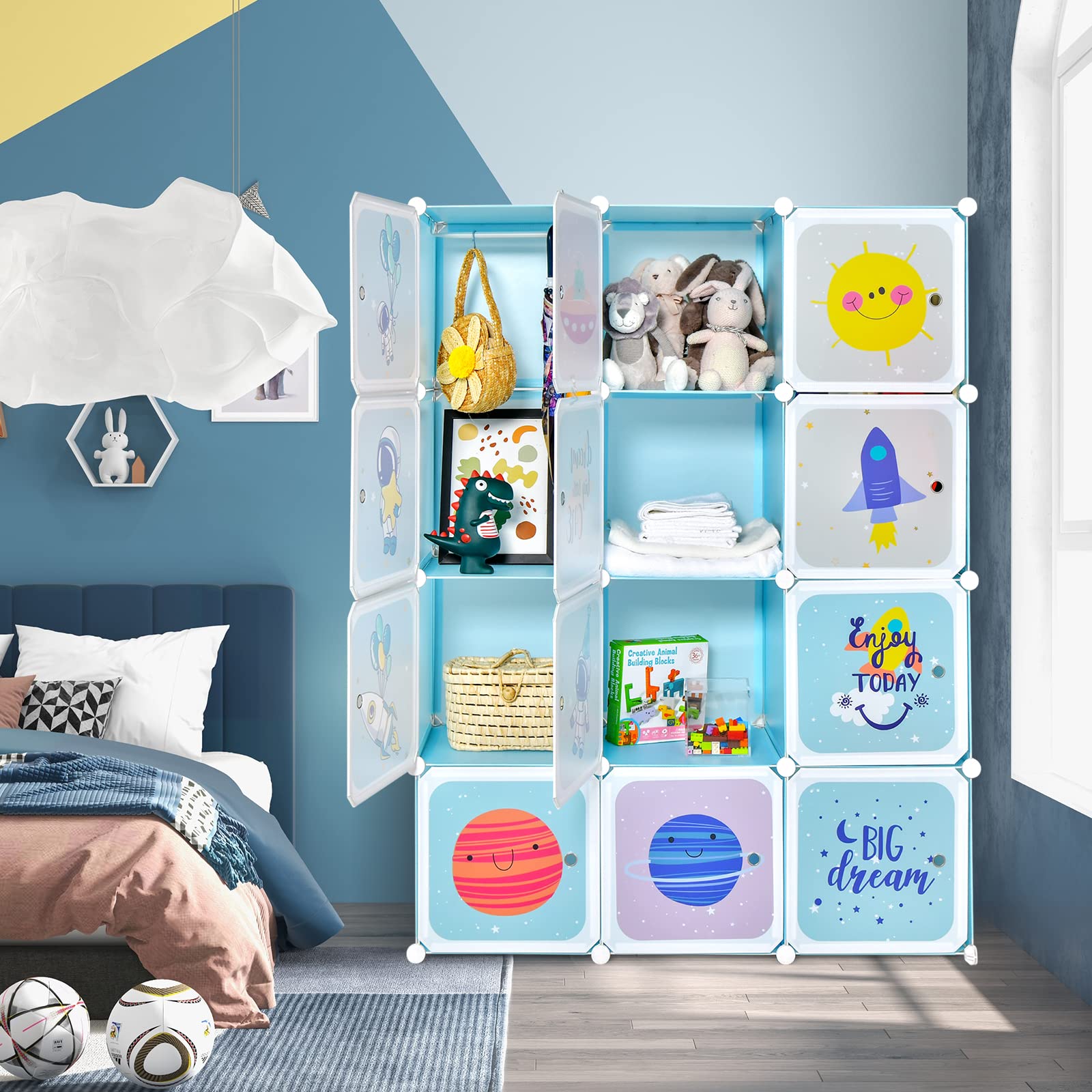 Portable Kids Wardrobe, 12-Cube Baby Closet Organizer for Children with Doors & Hanging Section