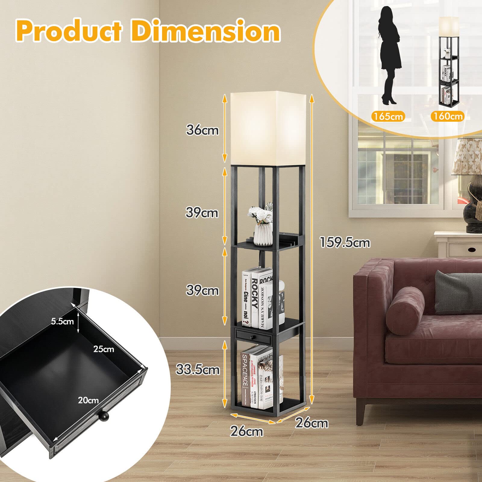Modern Shelf Floor Lamp, Dimmable Standing Lamp Shelf w/ 1 Drawer & 1 USB Port