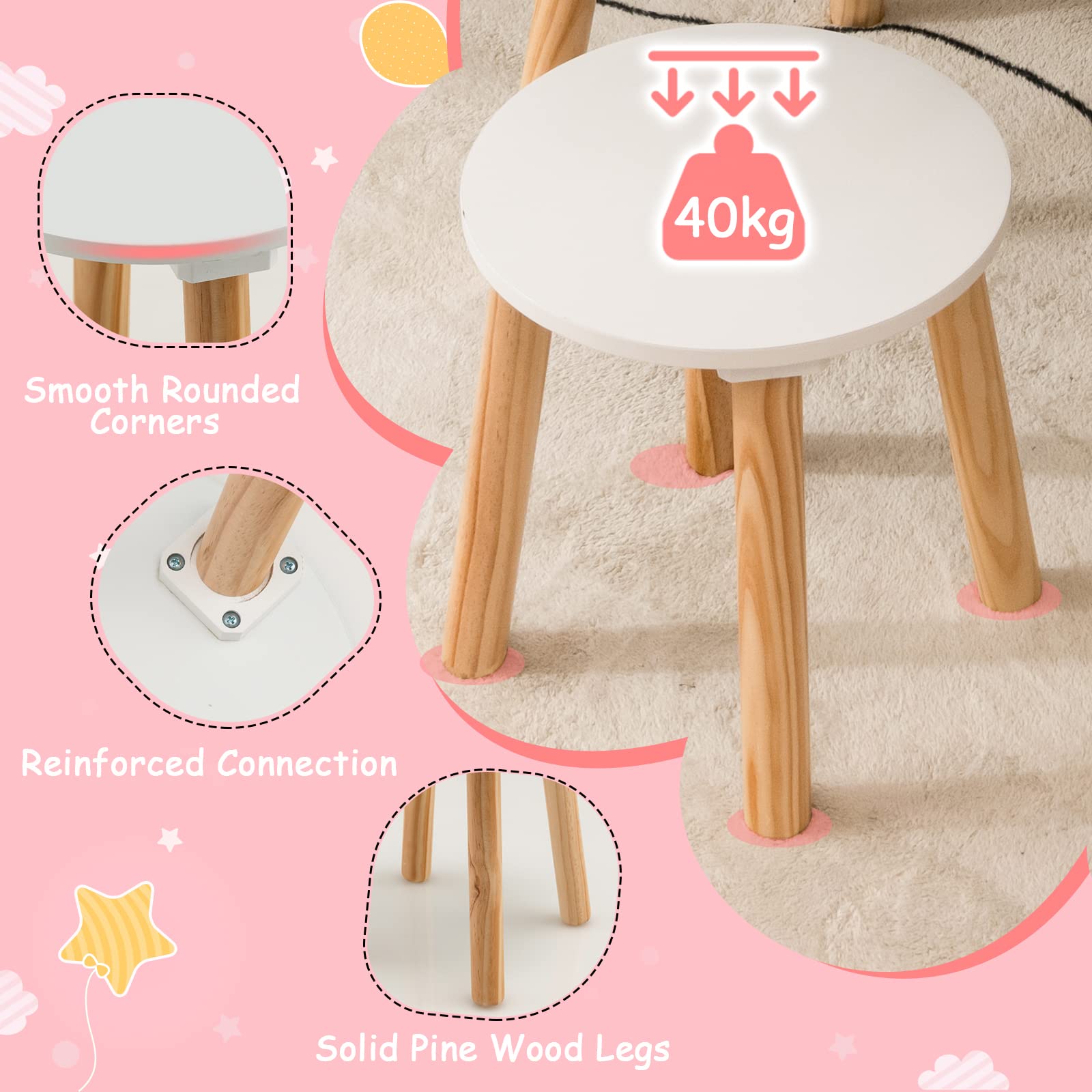 Girls Vanity Set with Mirror and Stool, 2 Large Drawers, Storage Shelf