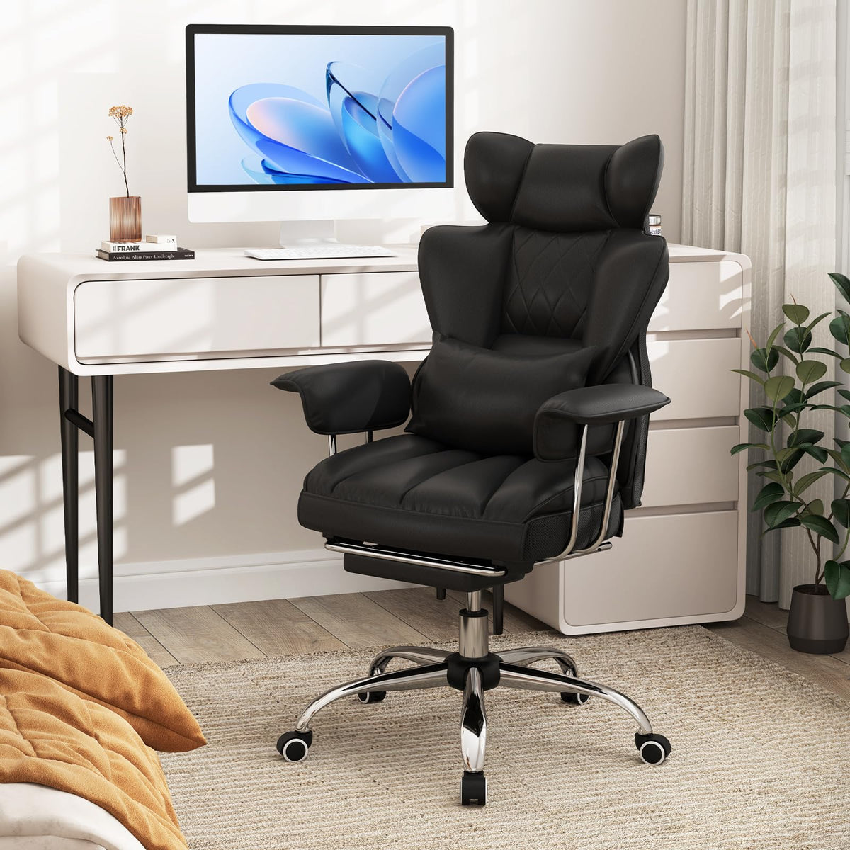 180 kg Big & Tall Office Chair, Executive Desk Chair w/ Retractable Footrest, Adjustable Height