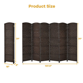 6-Panel Screen Room Divider, 6Ft Folding Privacy Screen w/Hand-woven Rattan