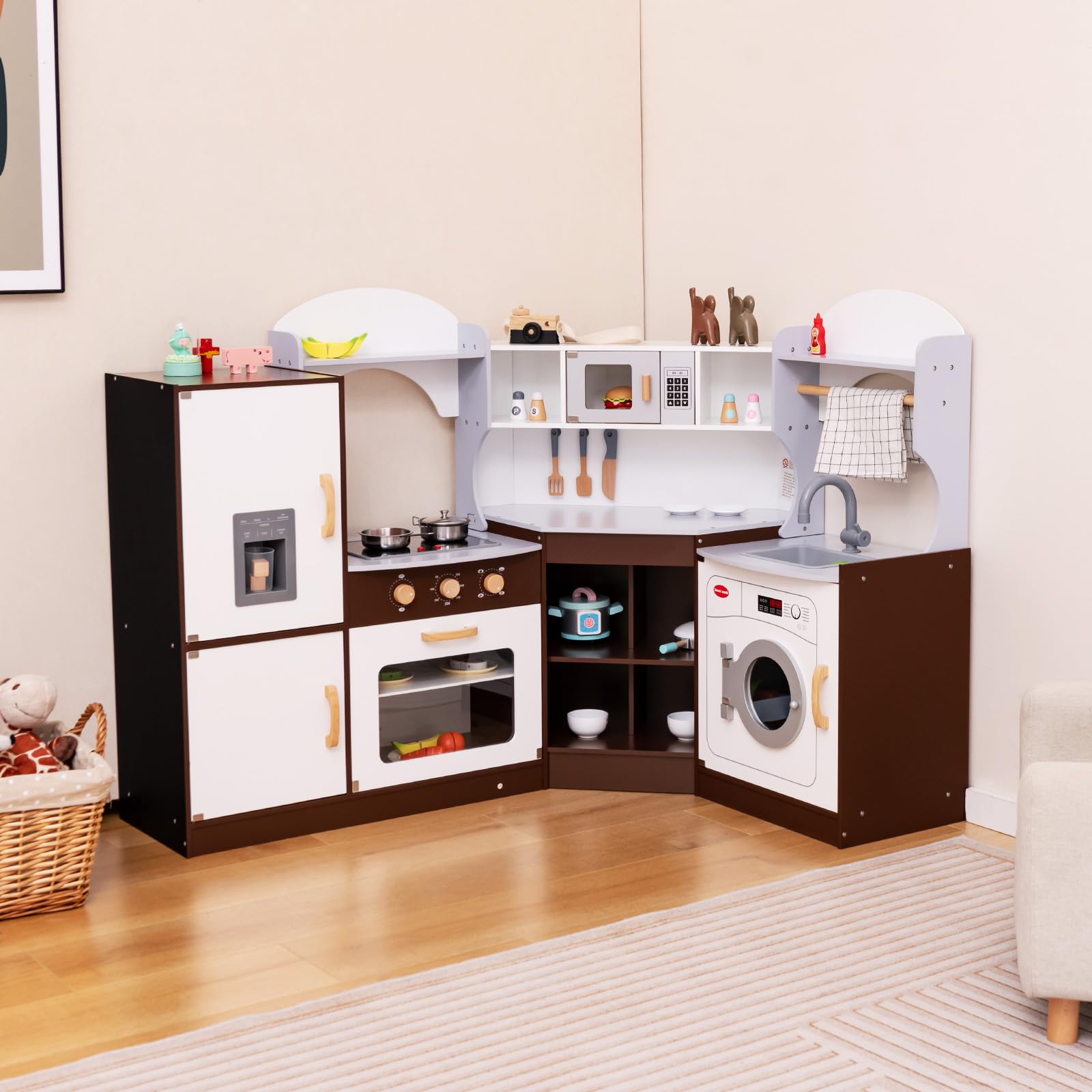 Corner Play Kitchen, Toddler Kitchen Playset with Ice Maker, Microwave, Oven, Sink, Washing Machine, Towel Rack & Sweet Accessories