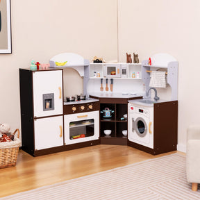 Corner Play Kitchen, Toddler Kitchen Playset with Ice Maker, Microwave, Oven, Sink, Washing Machine, Towel Rack & Sweet Accessories
