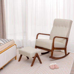 Giantex Rocking Chair with Ottoman, Upholstered Fabric Rocker with Solid Rubber Wood Frame & Padded Cushion