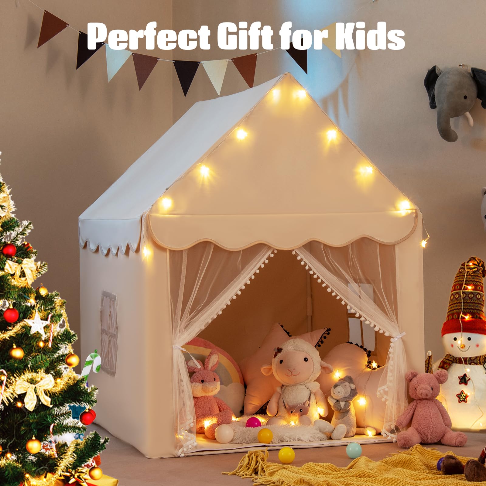 Kids Play Tent, Large Playhouse with Star Ornaments, Washable Mat, Windows