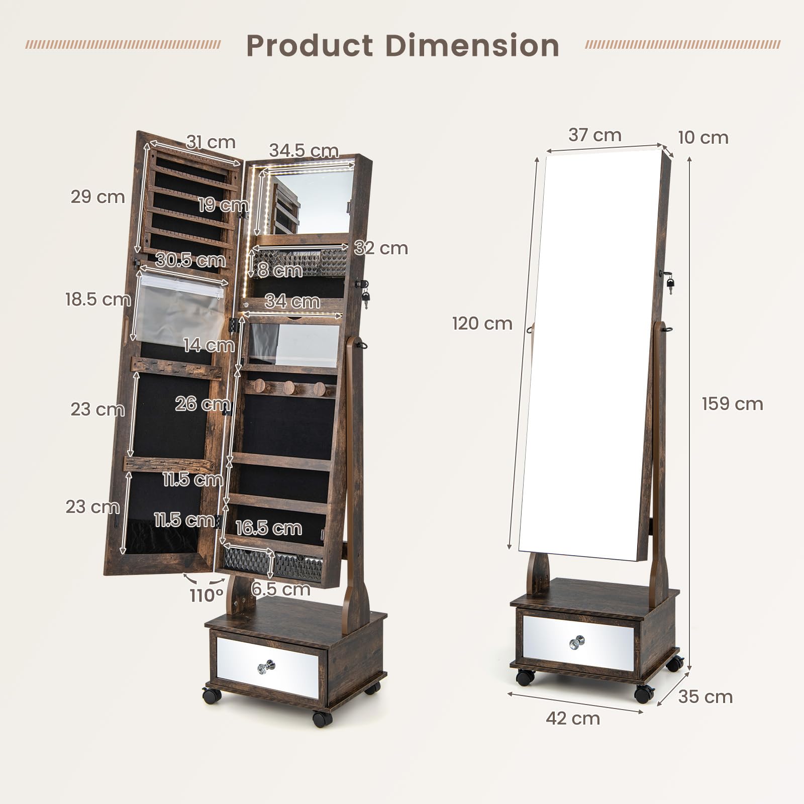 Giantex Standing Jewelry Armoire, Lockable Movable Jewelry Organizer