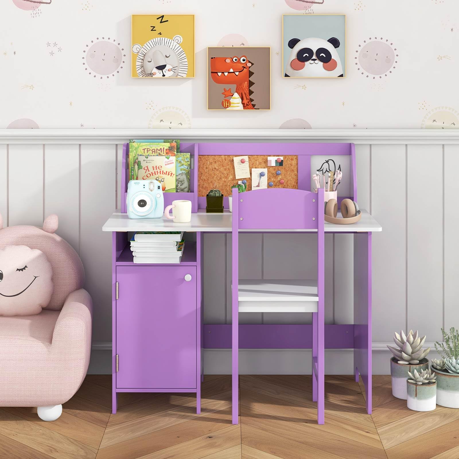 Wooden Kids Study Table and Chair Set with Hutch Bookshelf and Cabinet