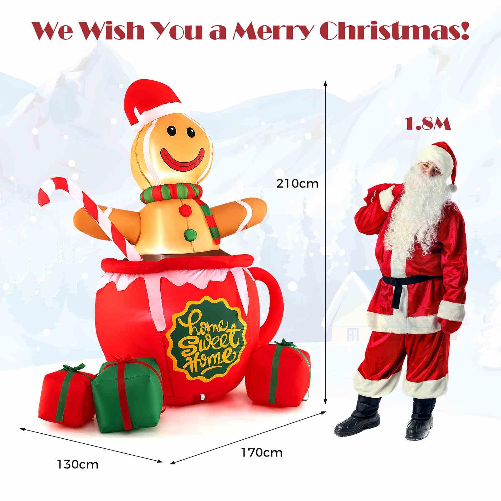 210CM Inflatable Gingerbread Man in Hot Cocoa Mug, Xmas Blow up Yard Decoration with Built-in LED Lights