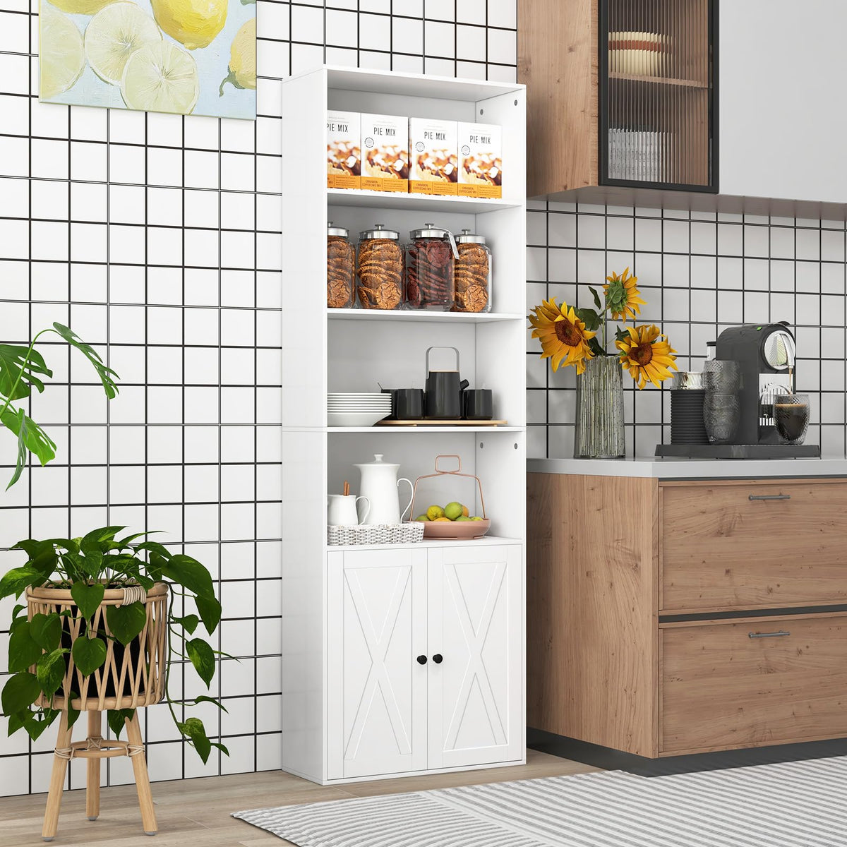 Farmhouse Bookcase with Doors, 180cm Freestanding Bookshelf with 6 Shelves & 2-Door Cabinet