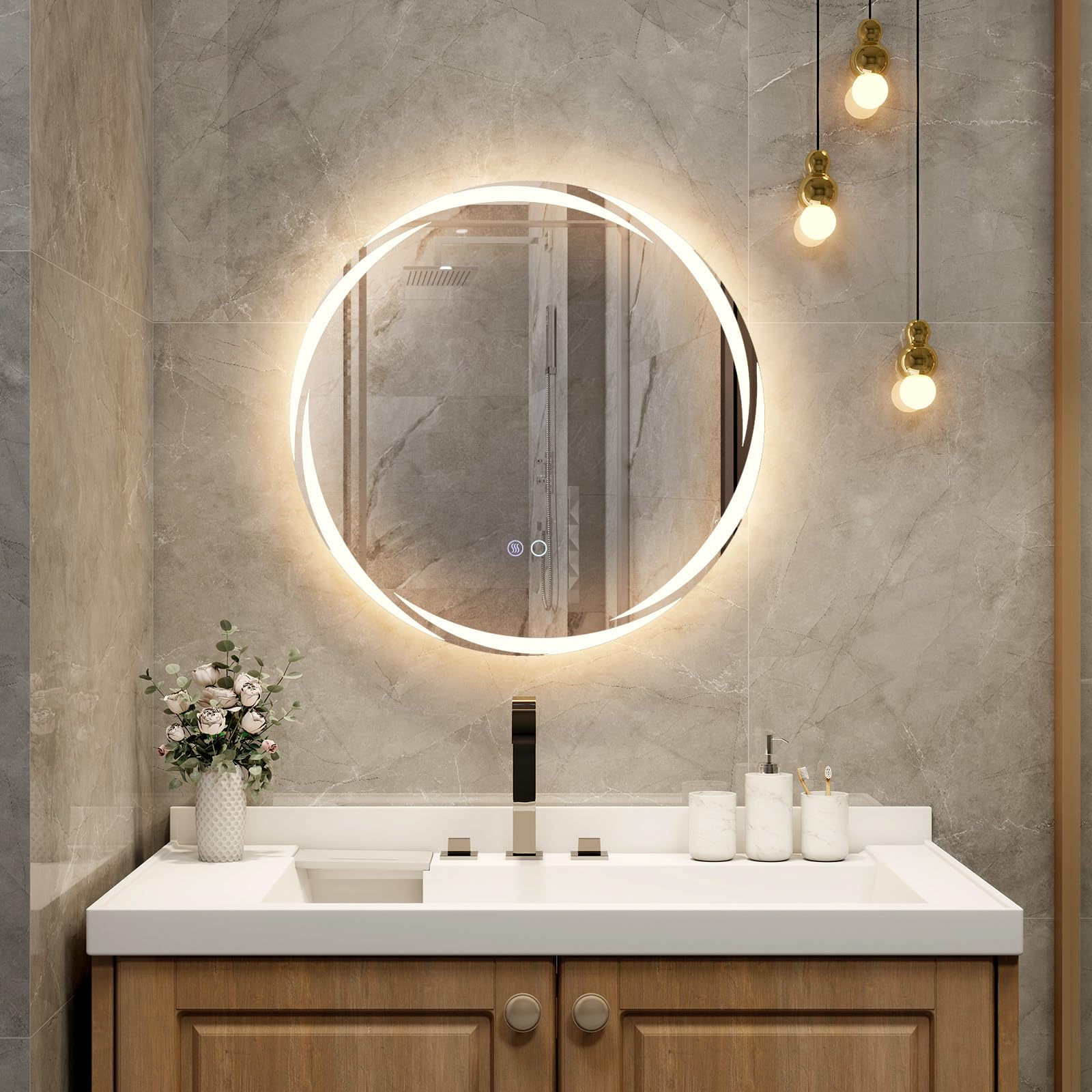 60 x 60 CM Round LED Bathroom Mirror with 3-Color Dimmable Lights