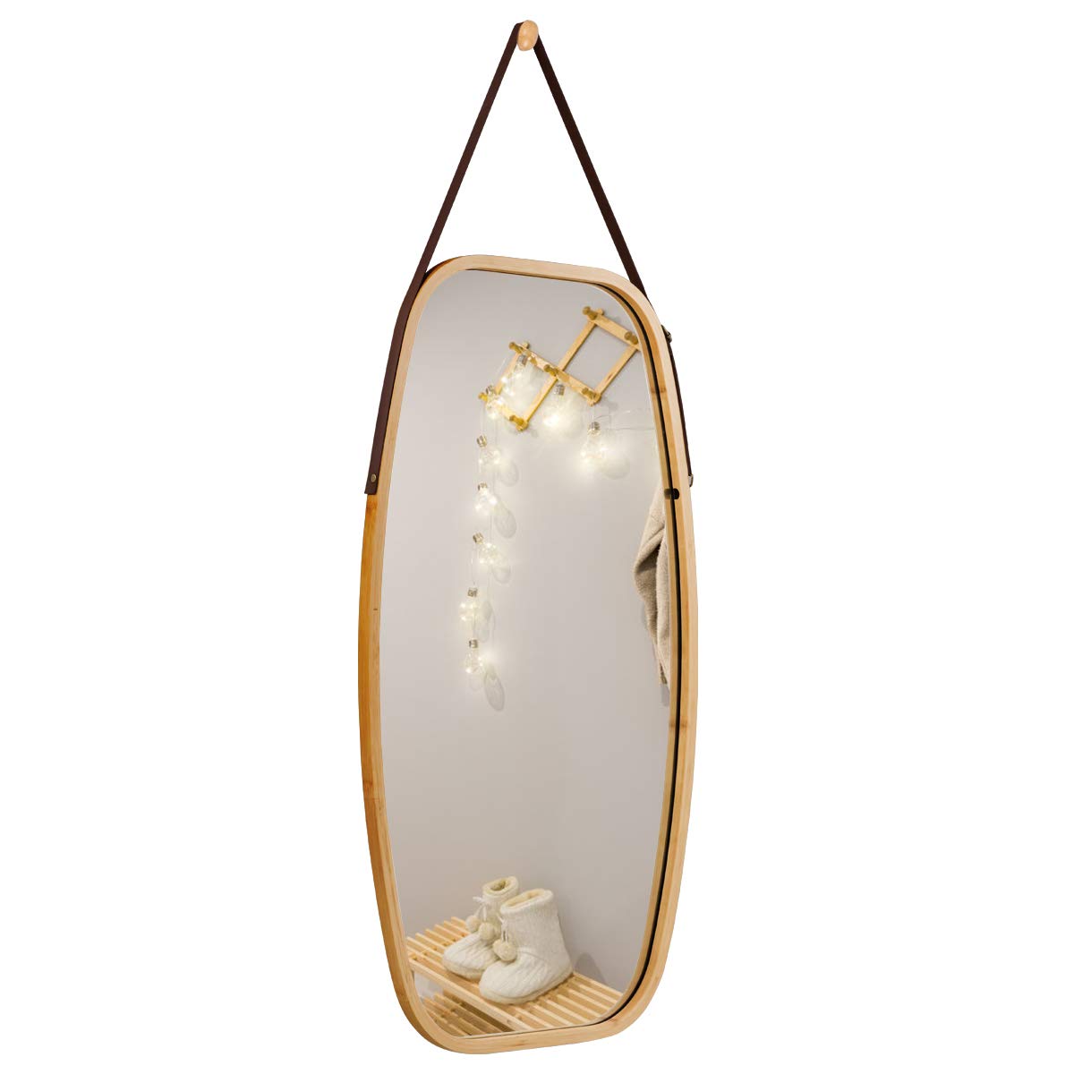 Giantex Wall Hanging Mirror, Bathroom Full Length Mirror, Hanging Wall-Mounted Mirror w/ Bamboo Frame