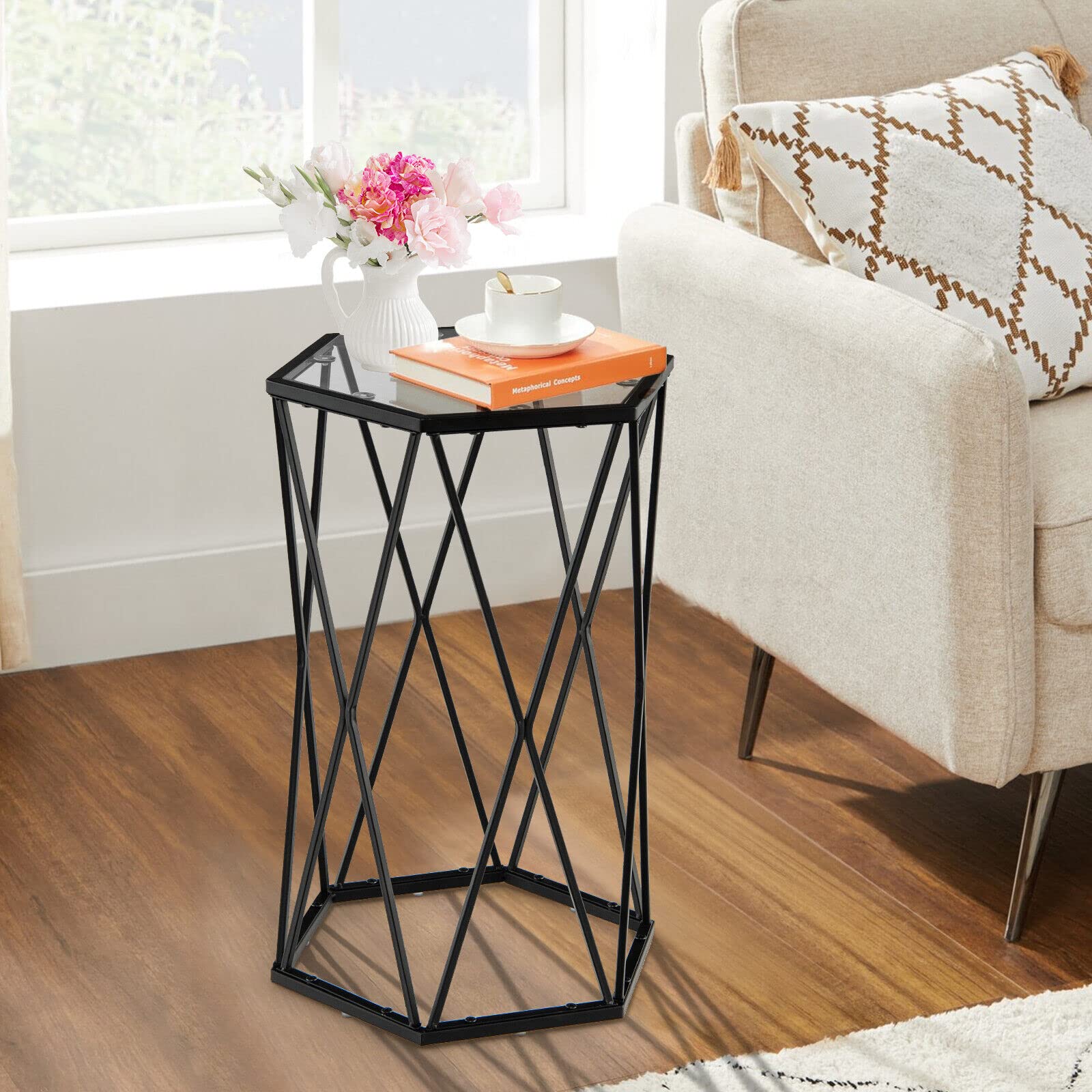 Giantex Compact Coffee Table, Hexagonal Side Table w/Tempered Glass Top & Metal Frame